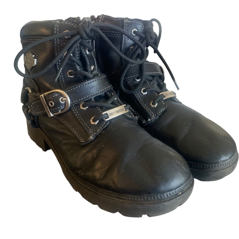 HARLEY-DAVIDSON Black Leather Lace Up Riding Boots Size 8.5